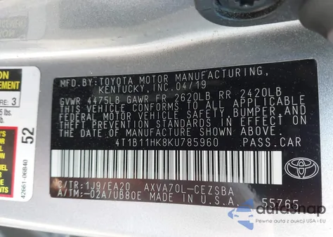 2019 Toyota Camry Se z USA, uszkodzony, nr VIN 4T1B11HK8KU785960